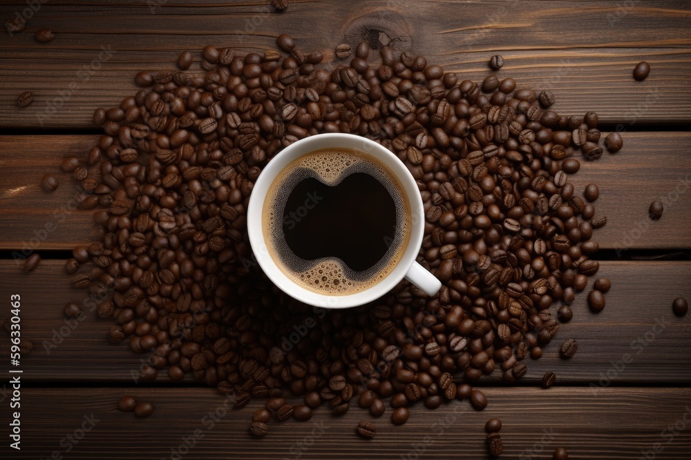 Illustration of coffee cup and scattered coffee beans, wooden background. Generative AI Illustration of coffee cup and scattered coffee beans, wooden background. Generative AI