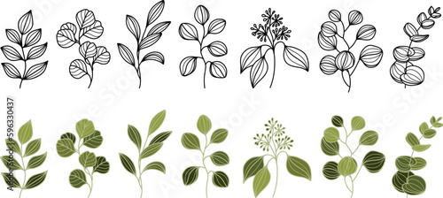 Set of Eucalyptus branches, leaves, twigs and logo. Trendy botanical lineart elements. Hand drawn line greenery graphic. Wedding elegant design elements, herbs for invitation, save the date, card. Vec