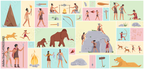Cartoon hunting homosapiens, man and woman in tribal clothes, primitive neanderthal tribe in geometric collage background. Ancient prehistoric people, animals and tools set vector illustration
