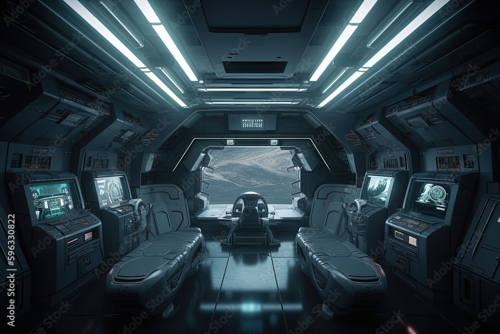 Illustration of the interior of a futuristic and technological spaceship. Generative AI Illustration of the interior of a futuristic and technological spaceship. Generative AI