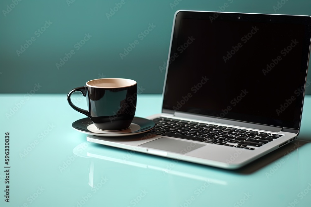 Illustration of laptop and cup of coffee, technology and business concept, blue background. Generative AI Illustration of laptop and cup of coffee, technology and business concept, blue background. Generative AI