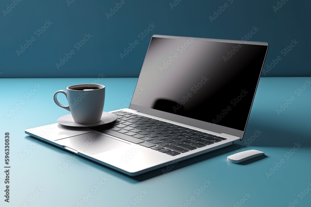 Illustration of laptop and cup of coffee, technology and business concept, blue background. Generative AI Illustration of laptop and cup of coffee, technology and business concept, blue background. Generative AI