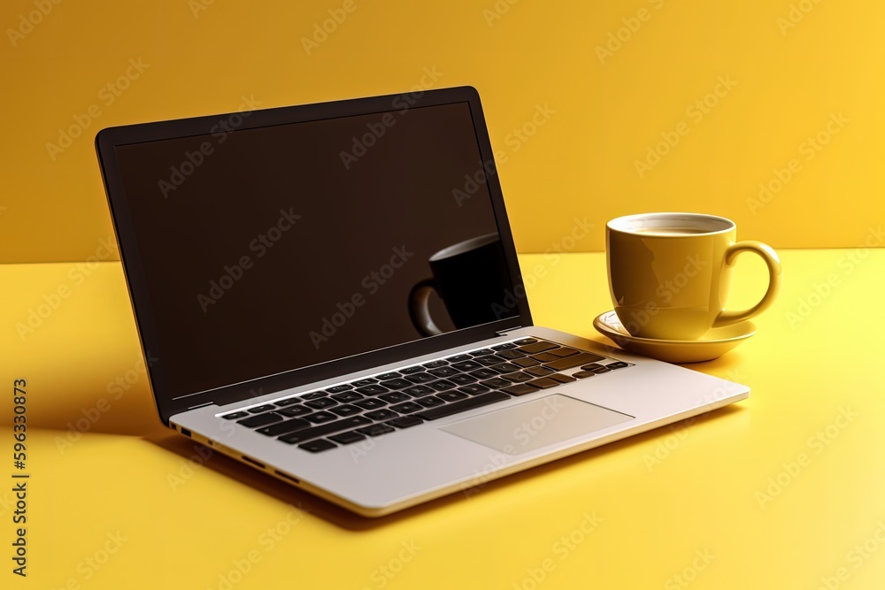 Illustration of laptop and cup of coffee, technology and business concept, yellow background. Generative AI Illustration of laptop and cup of coffee, technology and business concept, yellow background. Generative AI