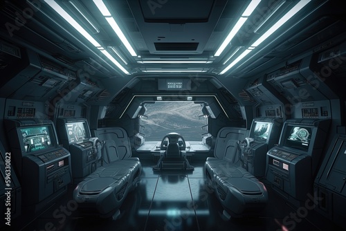 Illustration of the interior of a futuristic and technological spaceship. Generative AI