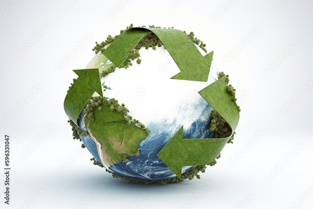 Earth planet illustration and recycling symbol, sustainability concept, white background. Generative AI