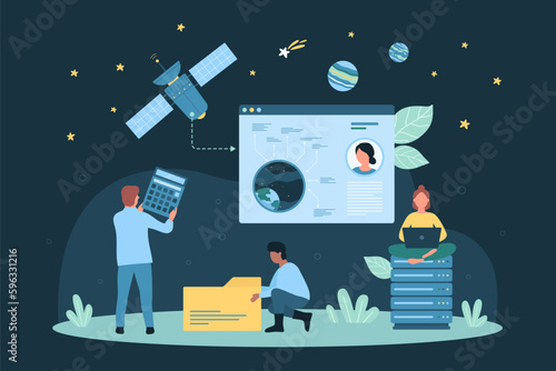Space discovery vector illustration. Cartoon astronomers discover stars and planets of galaxy, connect to satellite and shuttle for cosmic research, work on universe exploration on space station