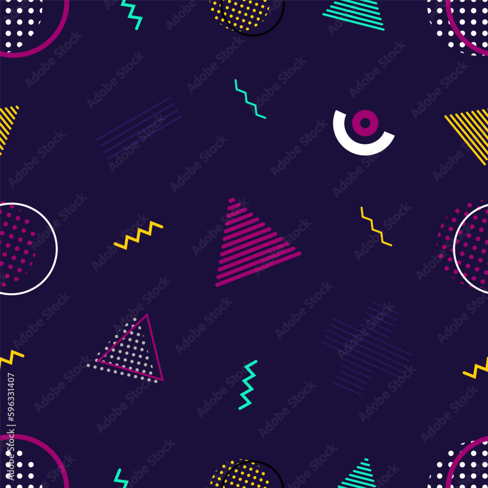 Abstract geometric background from various geometric shapes - triangles, circles, points, lines. Memphis style. Bright and colorful, 90s style. Vector seamless pattern.