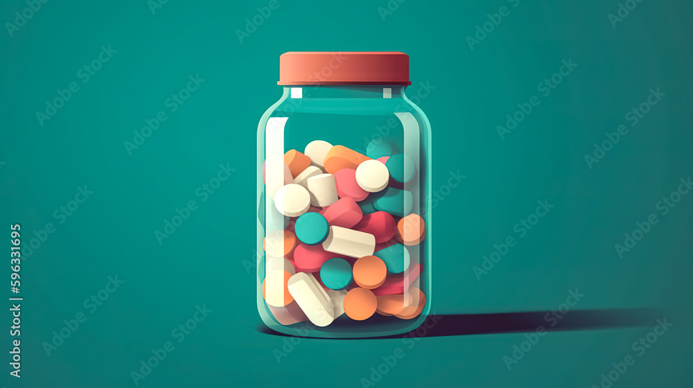 Multicolored capsules in a jar, generative AI. Multicolored capsules in a jar, generative AI.