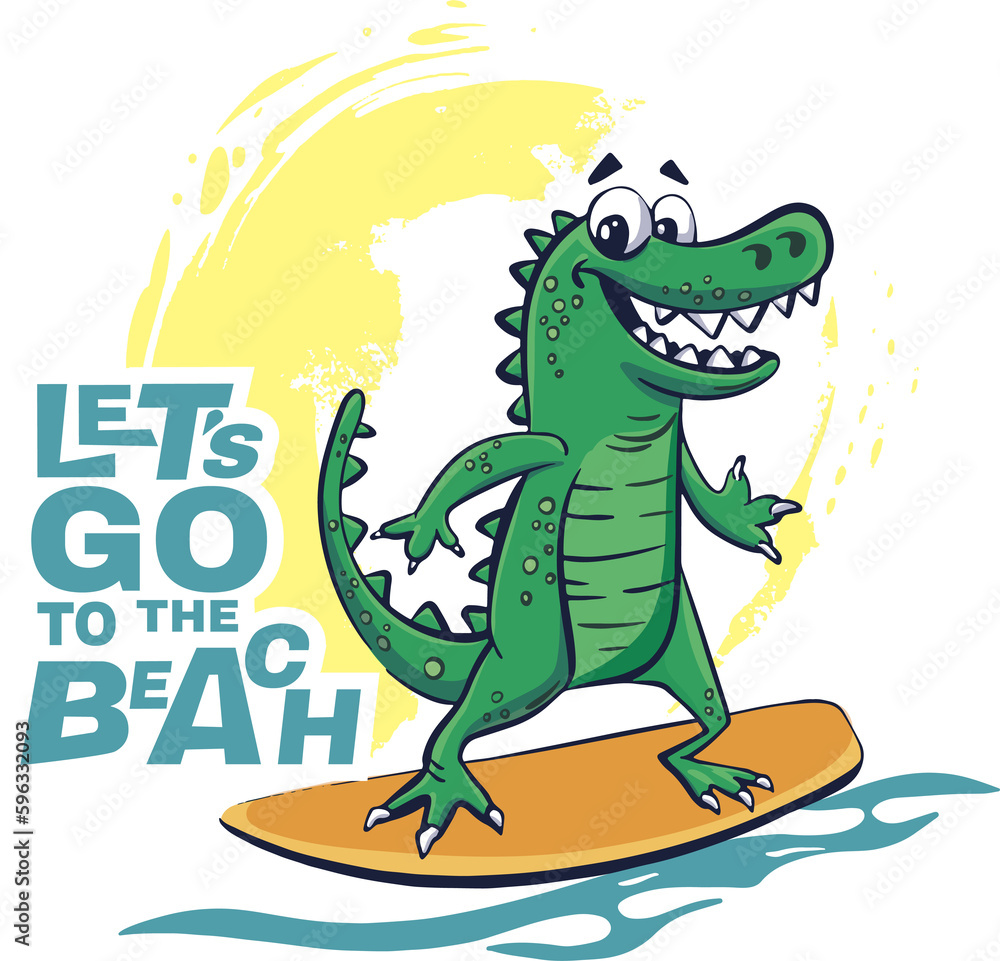 Obraz premium Crocodile surfer cool summer t-shirt print. African animal ride surfboard on wave. Slogan. Dinosaur beach funny child wear illustration. Tropical sea surf sport kids typography fashion