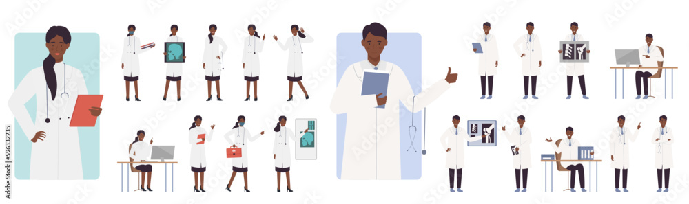 Cartoon isolated dark skin man woman wearing medical robes holding stethoscopes, examine x-ray patient lungs and stomach, carrying a first aid box. Doctors activity poses set flat vector illustration Cartoon isolated dark skin man woman wearing medical robes holding stethoscopes, examine x-ray patient lungs and stomach, carrying a first aid box. Doctors activity poses set flat vector illustration