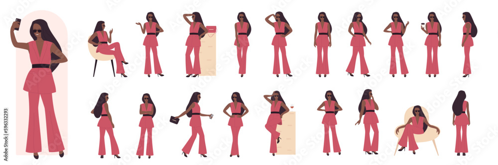 Cartoon young dark skin woman fashionista character wearing fashionable clothes, posing standing in various positions front side, back view isolated on white. Fashion girl model poses illustration set