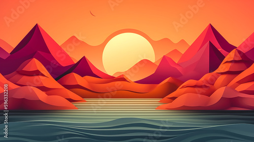 Creative illustration with setting sun  generative AI.