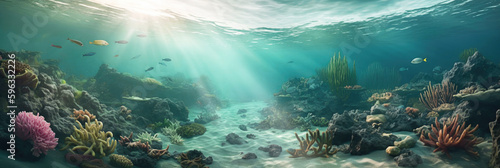 Querschnitt durch tropische Unterwasserwelt mit Sonnenstrahlen als Panorama, Generative AI