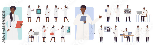 Cartoon isolated dark skin man woman wearing medical robes holding stethoscopes, examine x-ray patient lungs and stomach, carrying a first aid box. Doctors activity poses set flat vector illustration