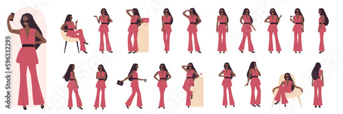 Cartoon young dark skin woman fashionista character wearing fashionable clothes, posing standing in various positions front side, back view isolated on white. Fashion girl model poses illustration set