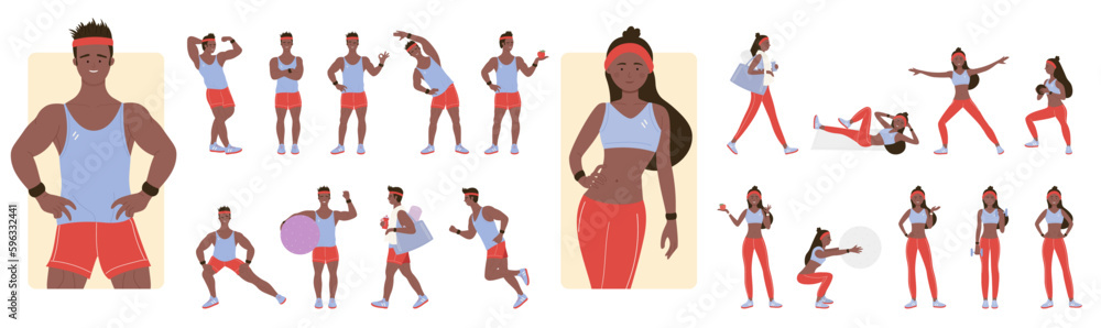 Cartoon isolated dark skin male female blonde characters standing and training muscles with dumbbells, professional instructors doing sport workout. Poses of sports trainers set vector illustration. Cartoon isolated dark skin male female blonde characters standing and training muscles with dumbbells, professional instructors doing sport workout. Poses of sports trainers set vector illustration.