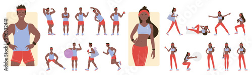 Cartoon isolated dark skin male female blonde characters standing and training muscles with dumbbells, professional instructors doing sport workout. Poses of sports trainers set vector illustration.