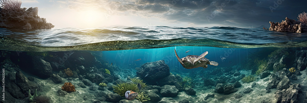 Querschnitt durch tropische Unterwasserwelt mit Meeresschildkröte und Korallen als Panorama, Generative AI