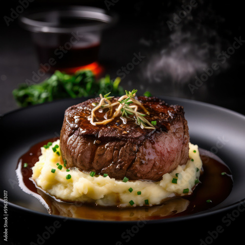 filet mignon, mashed potatoes, garnish, sauce and herbs. restaurant serving. Generative AI