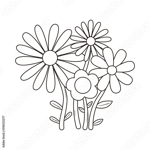 Contour groovy flowers in 70s and 60s style. Vintage hippie outline bouquet. Psychedelic seventies daisies. Vector coloring page.