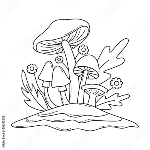 Contour groovy mushrooms and flowers illustration in 70s and 60s style. Outline hippie landscape. Psychedelic seventies line art flora. Vector coloring page.