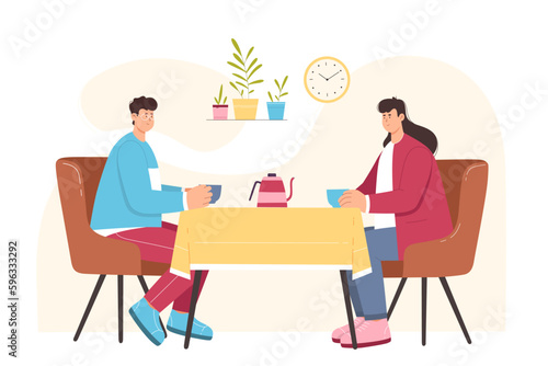 Couple talk and drink tea or coffee on date in cozy cafe vector illustration. Cartoon man and woman sitting on chairs at table of cafeteria, meeting and dialog conversation of young friends or lovers © Flash Vector
