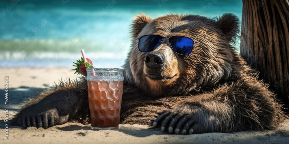 grizzly is on summer vacation at seaside resort and relaxing on summer beach - obrazy, fototapety, plakaty 