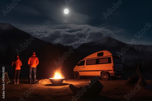 A firecamp at night with a van on the background photo