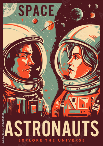 Astronaut team colorful vintage poster