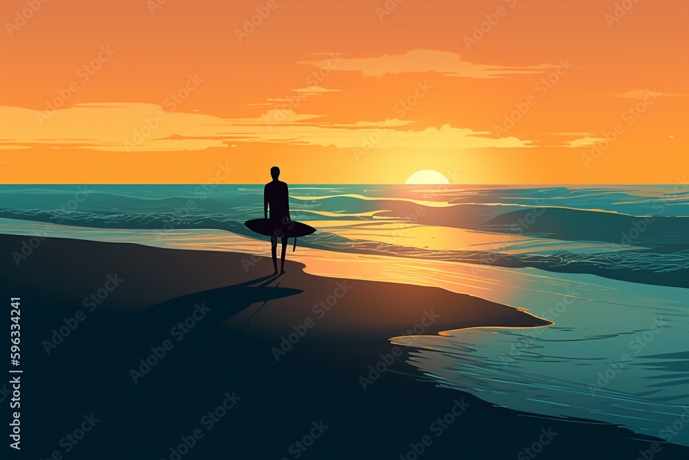 Vector illustration of a surfer on the beach
