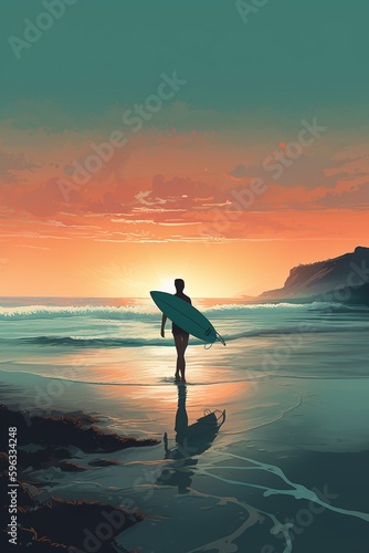 Vector illustration of a surfer on the beach