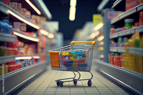 Supermarket aisle with shopping cart. Generative AI
