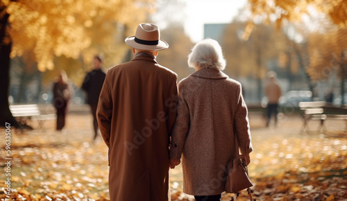 nice happy gray haired caucasian aged couple enjoying health-promoting, breathing fresh air in autumn season nature, smiling Happy senior couple walking together in the park