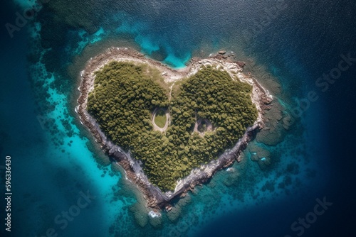 Stunning aerial view of heart-shaped Caribbean island, surrounded by pristine natural backdrop. Generative AI © Adelais