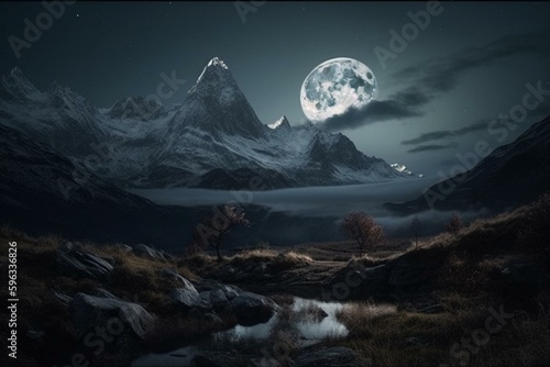 Moonlit landscape with majestic mountain. Generative AI © Elara