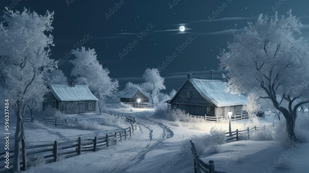 landscape with snow house in the village. Fabulous night view with full moon. Winter wonderland with footprints in the snow. Generative AI
