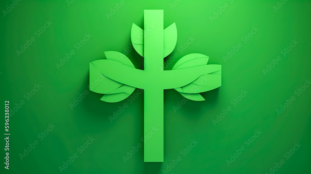 Fototapeta premium Green background with cross and leaves, generative AI.