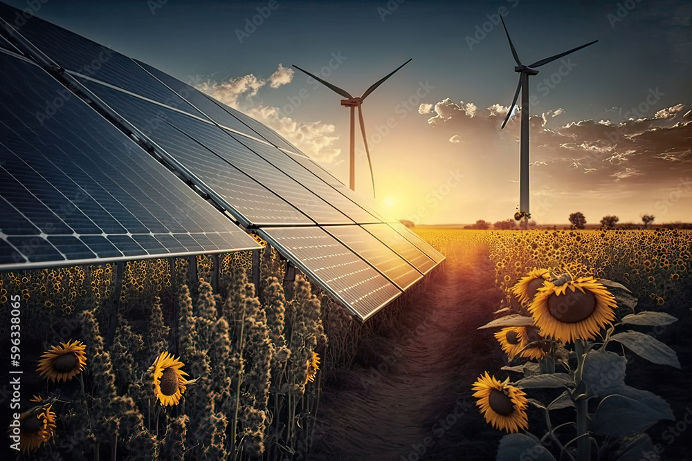 Sustainable Energy Production with Solar Panels and Wind Turbine Stock ...