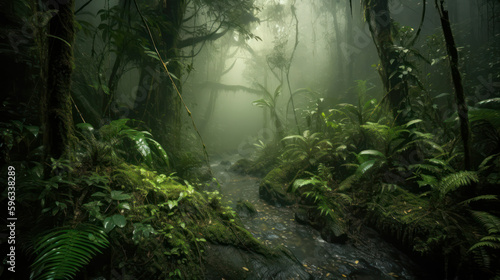 impenetrable rainy forest with misty haze. Generative AI © Margo_Alexa