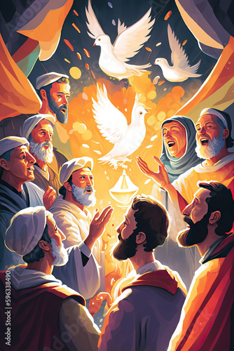 Pentecost Illustration for Postcard with Doves and Flame