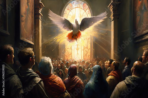 Leinwand Poster Serene painting of the Holy Spirit descending on the apostles as a dove