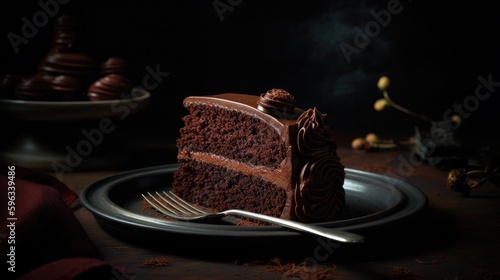 a slice of chocolate cake, professional color grading, soft shadows, clean sharp focus, high-end retouching, food magazine photography, generative ai