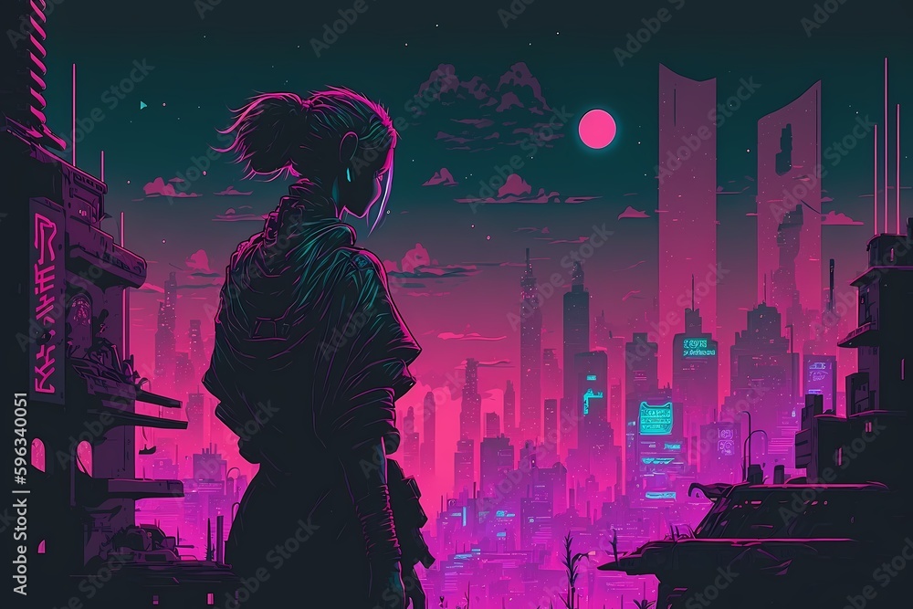Obraz premium AI generated illustration of a person standing in the street of a cyberpunk style city at night