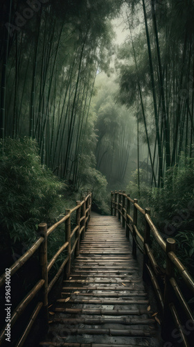 bridge in the bamboo forest on a rainy warm summer day. drizzle and fog.Generative AI