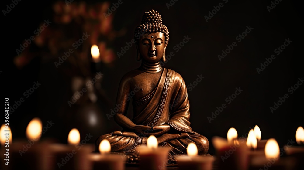 Buddha statue with Candle light, Buddha purnima Vesak day background, generative ai