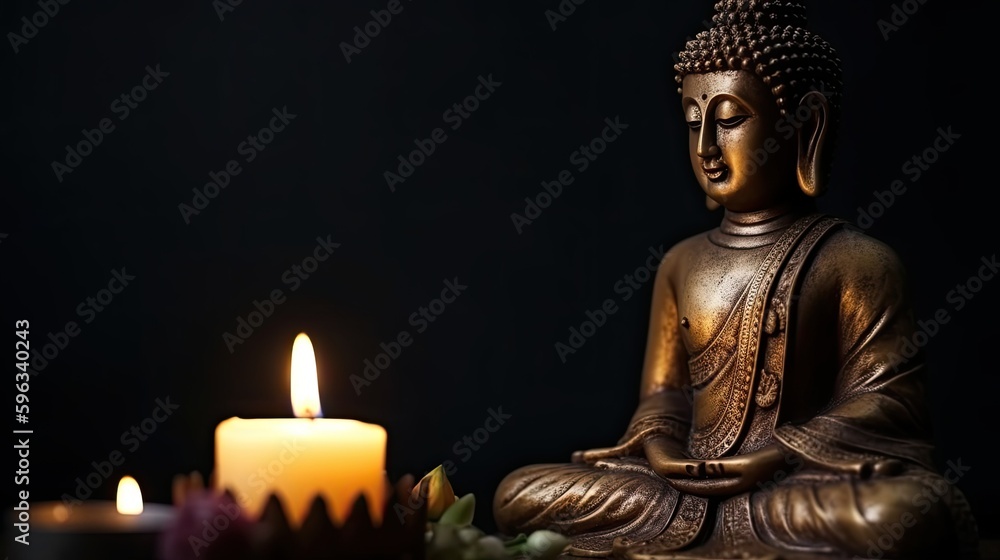 Fototapeta premium Buddha statue with Candle light, Buddha purnima Vesak day background, generative ai