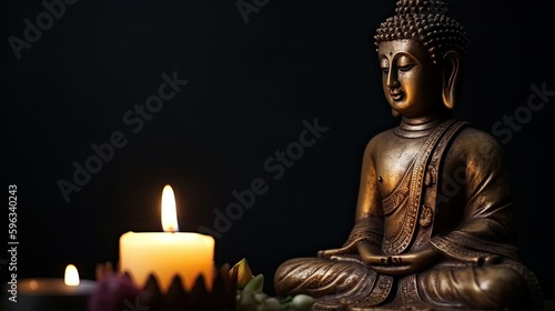 Buddha statue with Candle light  Buddha purnima Vesak day background  generative ai