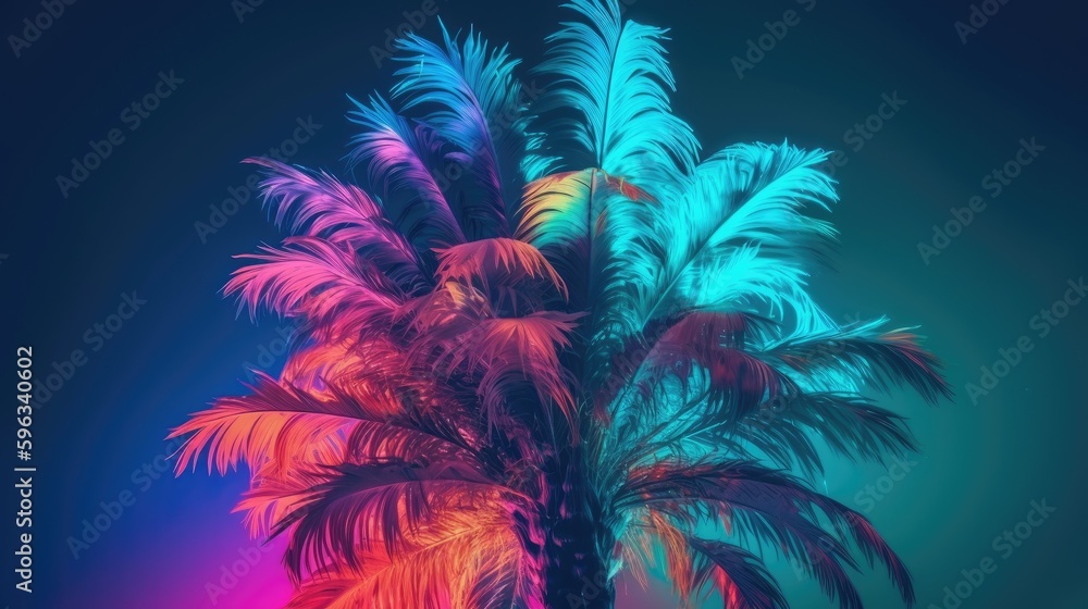 Feathery palm tree on sky background toned in vibrant saturated rainbow neon pastel colors. Surrealistic funky style. generative ai