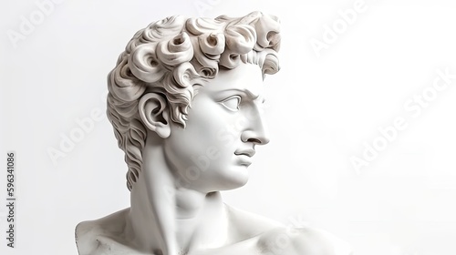 Gypsum statue of David's head. Michelangelo's David statue plaster copy isolated on white background. Ancient greek sculpture, statue of hero, generative ai