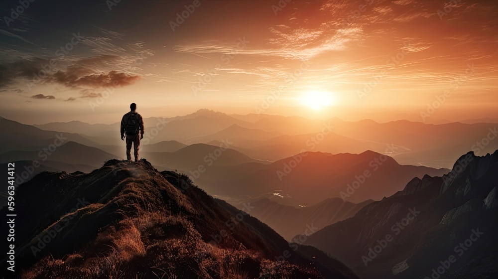 Majestic mountain landscape with a hiker silhouette reaching the summit during sunset, generative ai